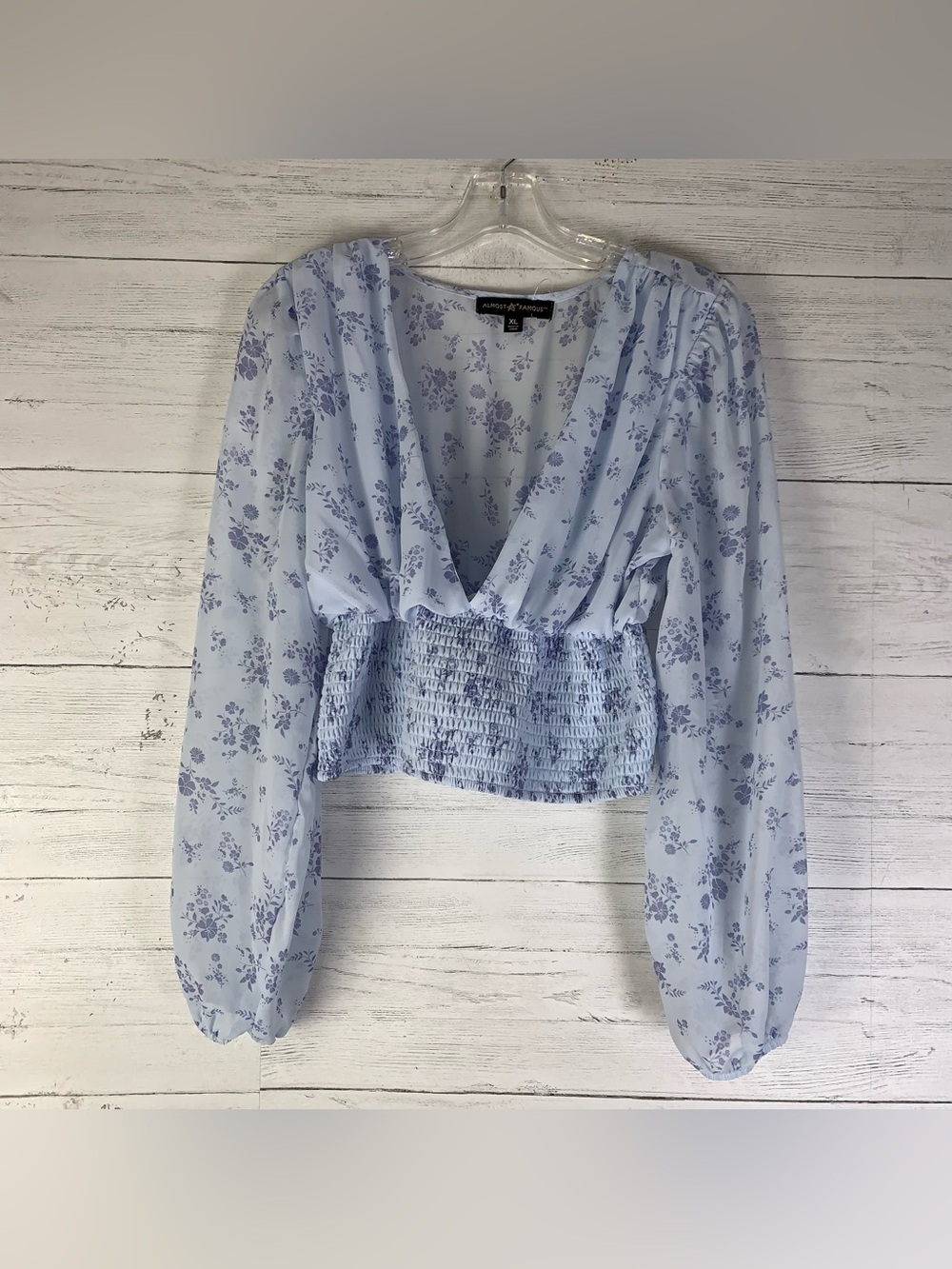 Almost Famous Ethereal Smocked Floral Top Cropped Women's XL Semi Sheer Blue